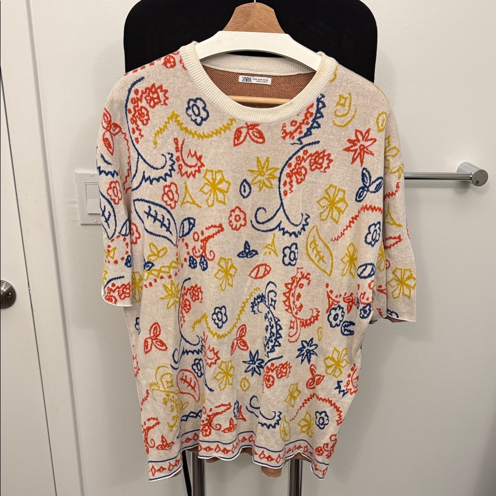Zara Cream Knit Sweater with Red, Blue, and Yellow Patterns
